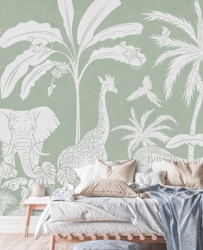 Kids Jungle Wallpaper with animals in green