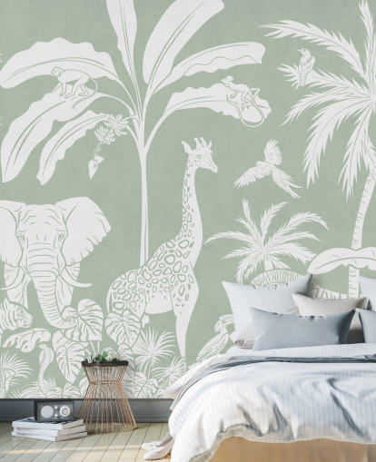 Papier peint Jungle pour enfants avec des animaux en vert Papier peint Jungle pour enfants avec des animaux en vert