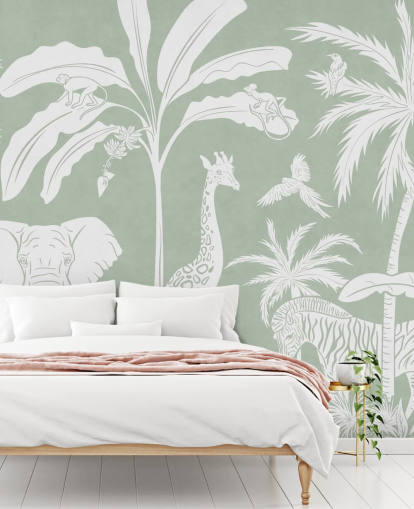 Kids Jungle Wallpaper with animals in green
