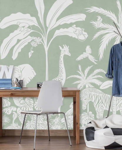 Kids Jungle Wallpaper with animals in green