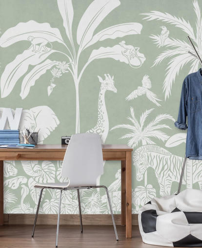 Papel de parede Kids Jungle com animais em verde Papel de parede Kids Jungle com animais em verde