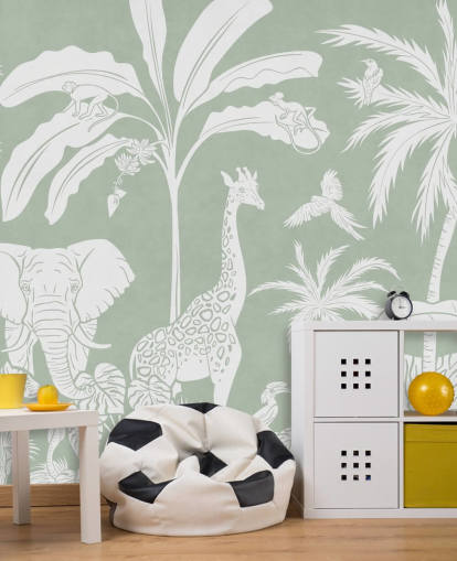 Carta da parati per bambini Jungle con animali in verde