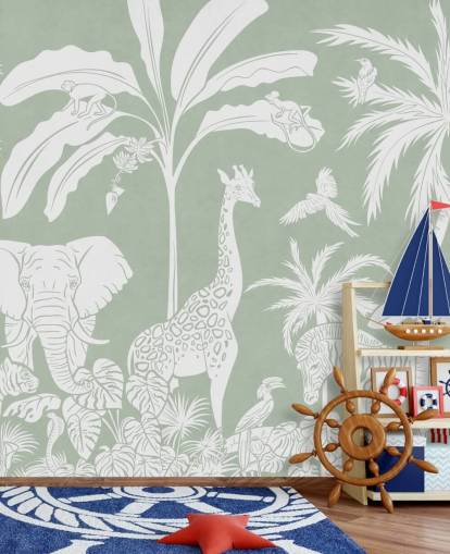 Papel de parede Kids Jungle com animais em verde