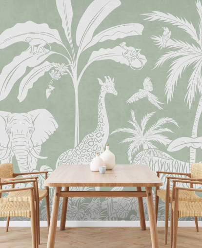 Carta da parati per bambini Jungle con animali in verde