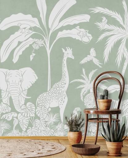 Kids Jungle Wallpaper with animals in green