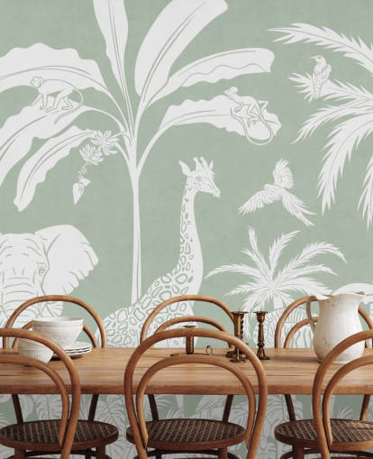 Kids Jungle Wallpaper with animals in green