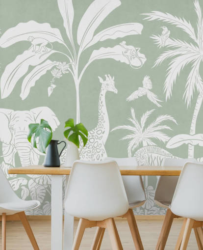 Kids Jungle Wallpaper with animals in green