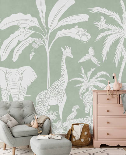 Jungle behang voor kinderen met dieren in groen