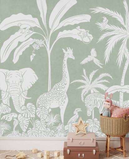Kids Jungle Wallpaper with animals in green Kids Jungle Wallpaper with animals in green