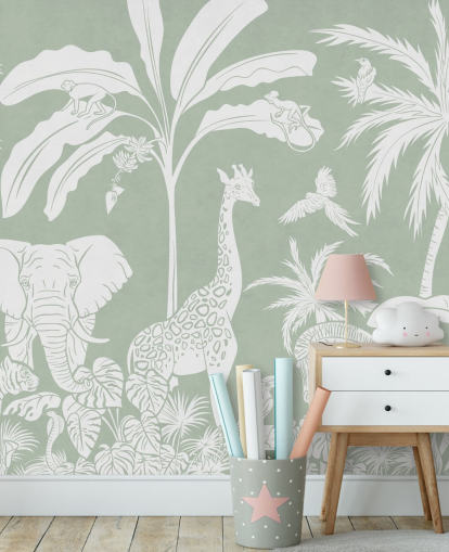 Papel de parede Kids Jungle com animais em verde