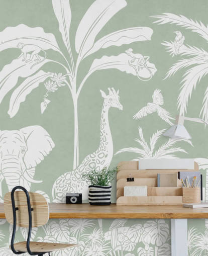 Kids Jungle Wallpaper with animals in green