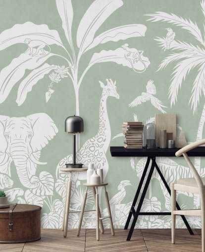 Kids Jungle Wallpaper with animals in green
