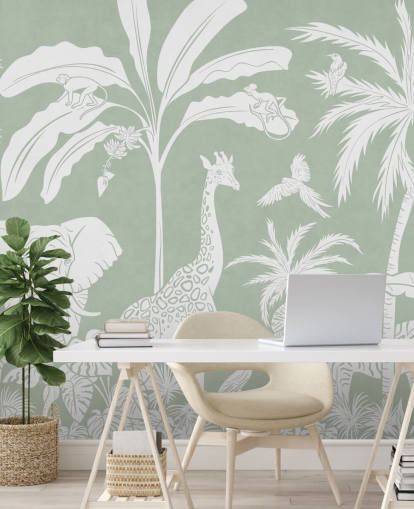 Papier peint Jungle pour enfants avec des animaux en vert