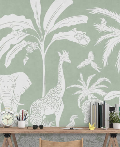 Papier peint Jungle pour enfants avec des animaux en vert Papier peint Jungle pour enfants avec des animaux en vert