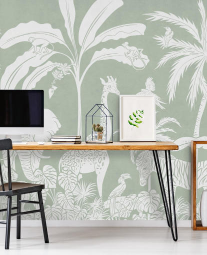 Jungle behang voor kinderen met dieren in groen Jungle behang voor kinderen met dieren in groen