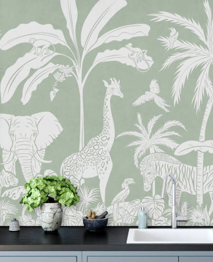 Kids Jungle Wallpaper with animals in green