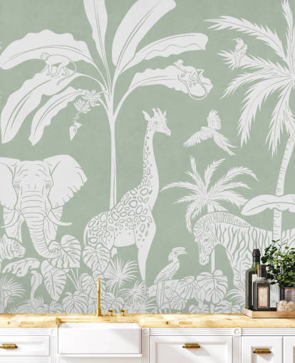 Papel de parede Kids Jungle com animais em verde