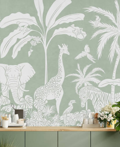 Papier peint Jungle pour enfants avec des animaux en vert