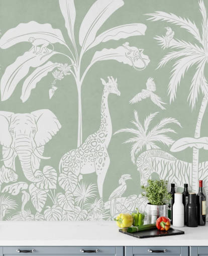 Kids Jungle Wallpaper with animals in green