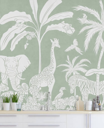 Papel de parede Kids Jungle com animais em verde Papel de parede Kids Jungle com animais em verde