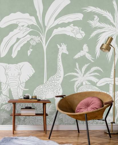 Kids Jungle Wallpaper with animals in green Kids Jungle Wallpaper with animals in green