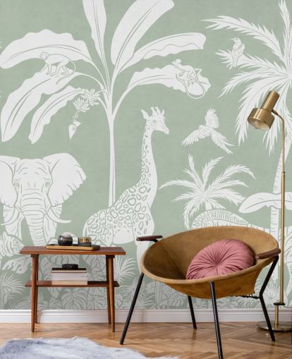 Jungle behang voor kinderen met dieren in groen Jungle behang voor kinderen met dieren in groen
