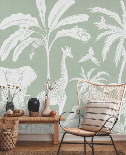 Kids Jungle Wallpaper with animals in green