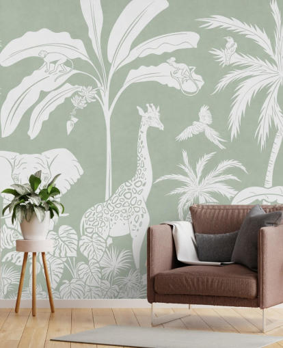Kids Jungle Wallpaper with animals in green Kids Jungle Wallpaper with animals in green