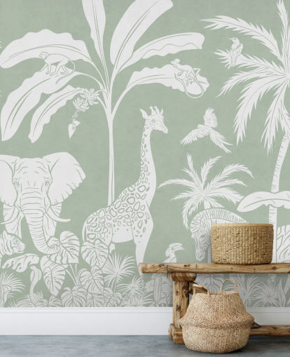 Papel de parede Kids Jungle com animais em verde Papel de parede Kids Jungle com animais em verde
