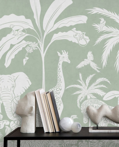 Kids Jungle Wallpaper with animals in green