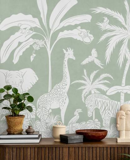 Jungle behang voor kinderen met dieren in groen