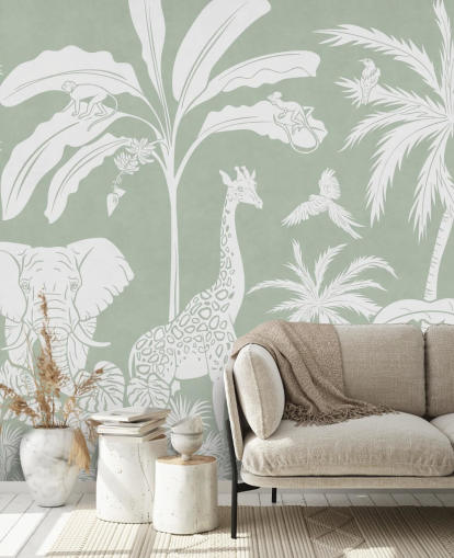 Kids Jungle Wallpaper with animals in green