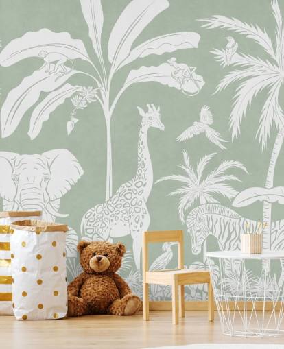 Papier peint Jungle pour enfants avec des animaux en vert Papier peint Jungle pour enfants avec des animaux en vert
