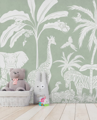 Fondo de pantalla infantil de la jungla con animales en verde