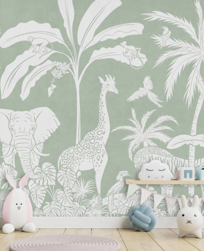 Kids Jungle Wallpaper with animals in green