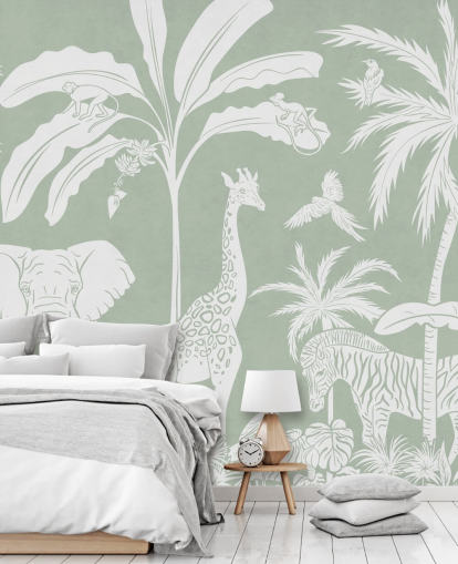 Papel de parede Kids Jungle com animais em verde