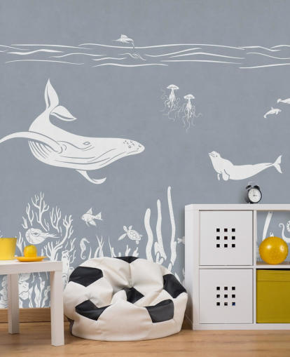 Ocean Wallpaper voor kinderen met walvissen in blauw