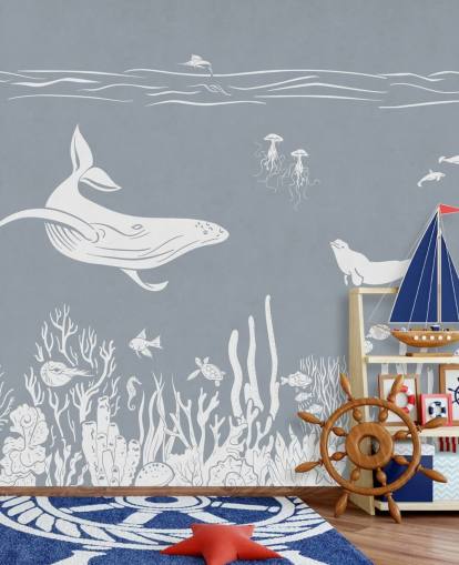 Papier peint pour enfants sur l'océan avec des baleines en bleu Papier peint pour enfants sur l'océan avec des baleines en bleu