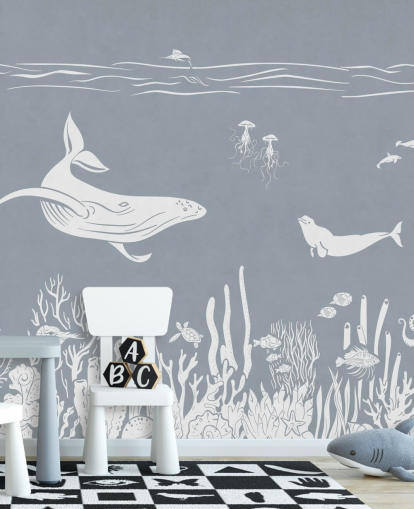 Kids Ocean Wallpaper with whales in blue