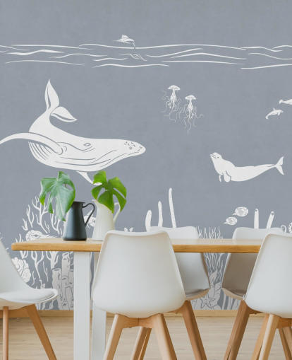 Fondo de pantalla marino para niños con ballenas en azul