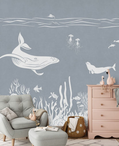Ocean Wallpaper voor kinderen met walvissen in blauw