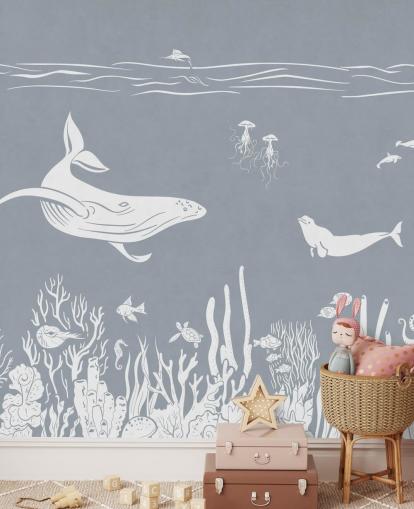 Kids Ocean Wallpaper with whales in blue