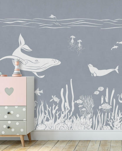 Kids Ocean Wallpaper with whales in blue Kids Ocean Wallpaper with whales in blue