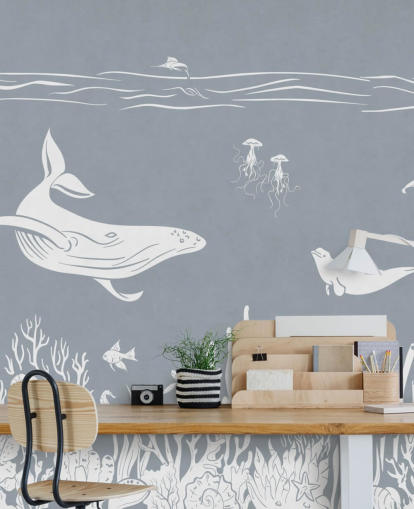 Kids Ocean Wallpaper with whales in blue