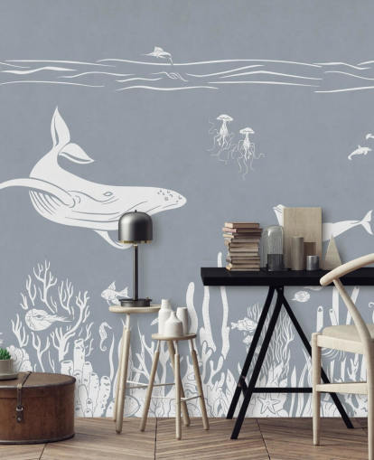 Papier peint pour enfants sur l'océan avec des baleines en bleu
