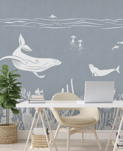 Papier peint pour enfants sur l'océan avec des baleines en bleu Papier peint pour enfants sur l'océan avec des baleines en bleu