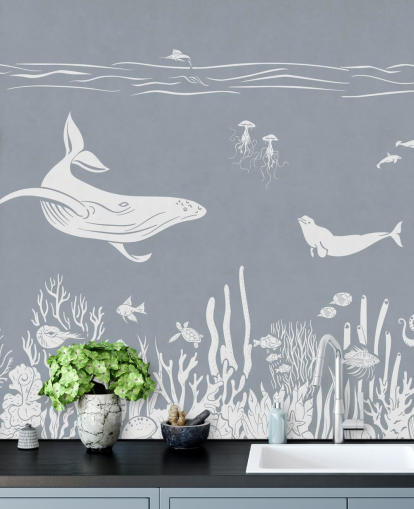 Carta da parati per bambini con balene in blu