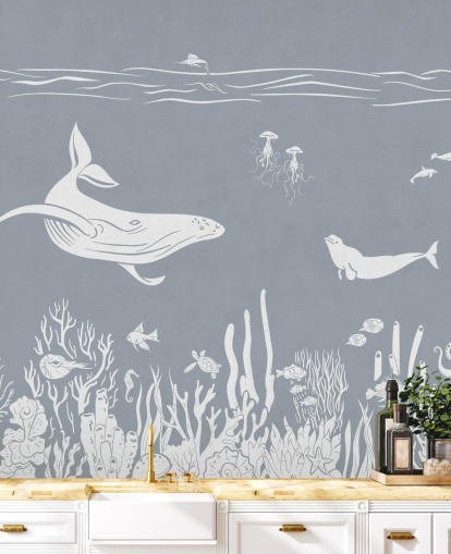 Kids Ocean Wallpaper with whales in blue