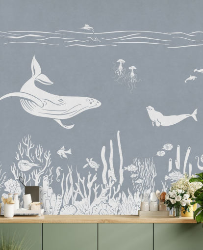 Papier peint pour enfants sur l'océan avec des baleines en bleu