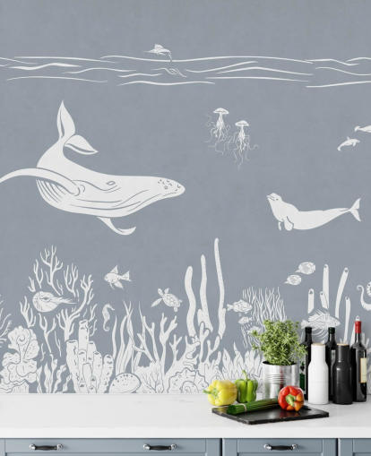 Fondo de pantalla marino para niños con ballenas en azul